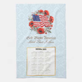 2026 Calendar Towel God Bless America Flag Poppies キッチンタオル