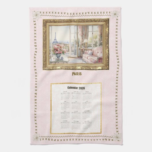 2026 Calendar Towel Paris View Custom Message キッチンタオル (縦)