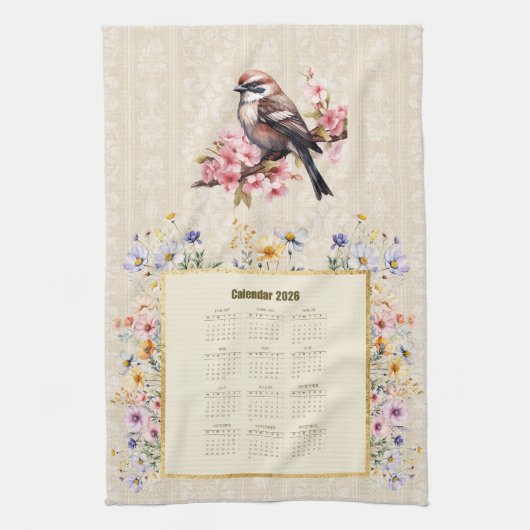 2026 Calendar Towel Sparrow with Wildflowers キッチンタオル (縦)
