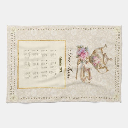 2026 Calendar Towel Tea Time or Custom Message キッチンタオル (横)
