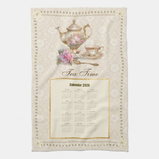 2026 Calendar Towel Tea Time or Custom Message キッチンタオル (縦)