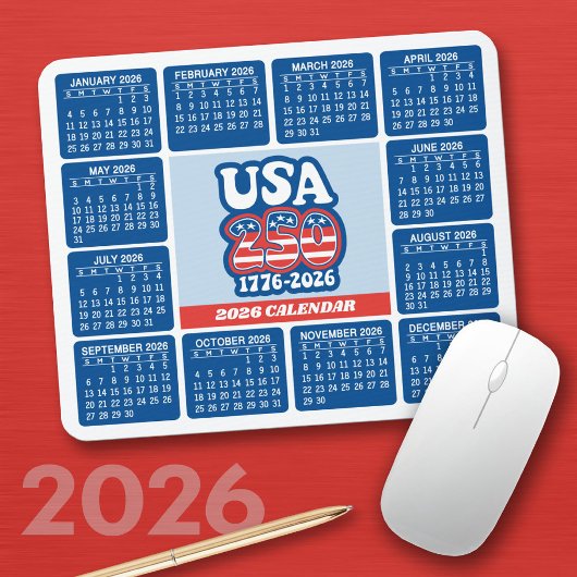 2026 Calendar - USA 250 Red White Blue マウスパッド