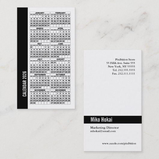 2026 Calendar Wallet Sized Business Card White 名刺 (正面/裏面)