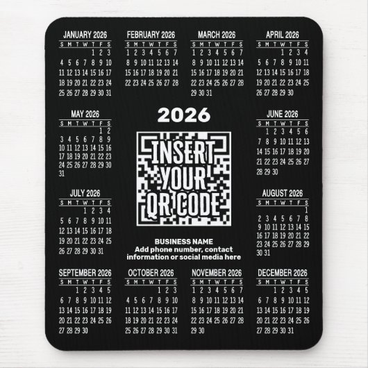 2026 Calendar with QR Code Contact Info Black マウスパッド (正面)