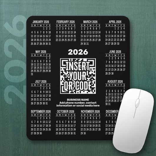2026 Calendar with QR Code Contact Info Black マウスパッド