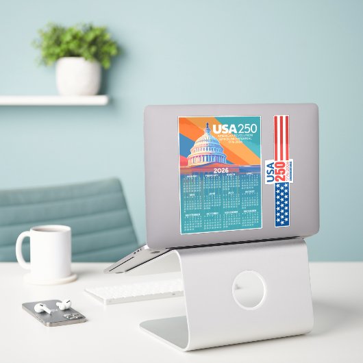 2026 Calendar with USA 250 Capital Dome America シール (デスク上のノートパソコン)