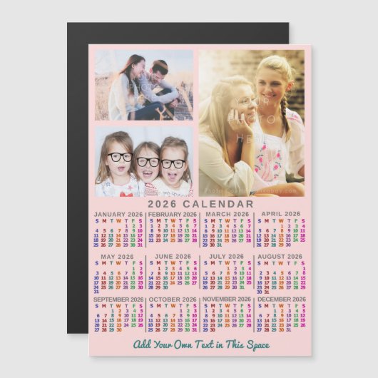 2026 Calendar Year Colorful Pink Custom 3 Photos マグネット招待状 (正面/裏面)