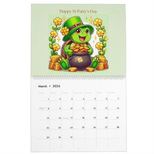 2026 Cute Turtles Celebrating Holidays  カレンダー (3月 2026)