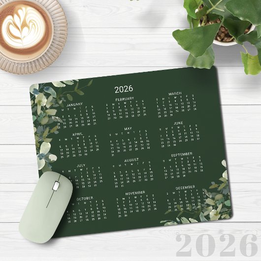 2026 Elegant Dark Green Eucalyptus Desk Calendar マウスパッド