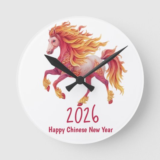 2026 Fiery Horse – Happy Chinese New Year ラウンド壁時計 (正面)