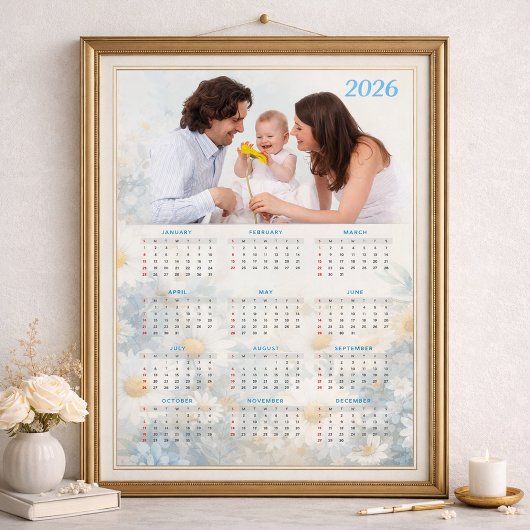 2026 Floral Calendar with Family Photo ポスター