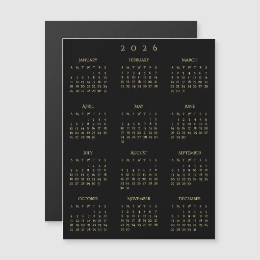 2026 Full Year Black Gold Yearly Calendar Magnet (正面/裏面)