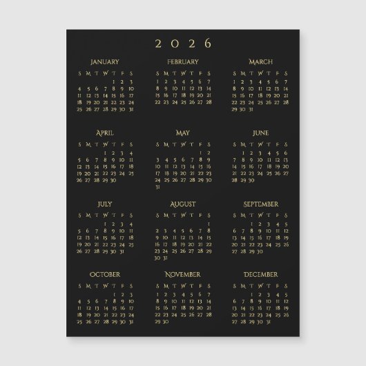 2026 Full Year Black Gold Yearly Calendar Magnet (正面)