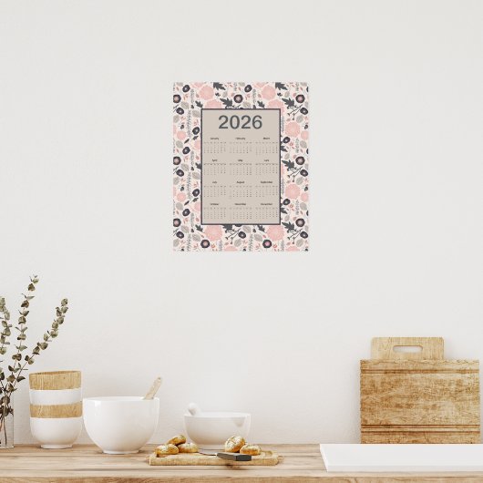 2026 Full Year Calendar Pink Gray Botanical ポスター (キッチン)