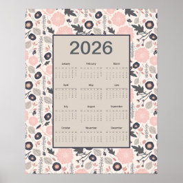 2026 Full Year Calendar Pink Gray Botanical ポスター