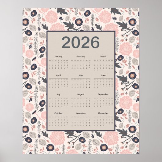 2026 Full Year Calendar Pink Gray Botanical ポスター (正面)