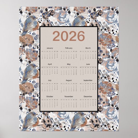 2026 Full Year Floral Bluebird Calendar ポスター (正面)