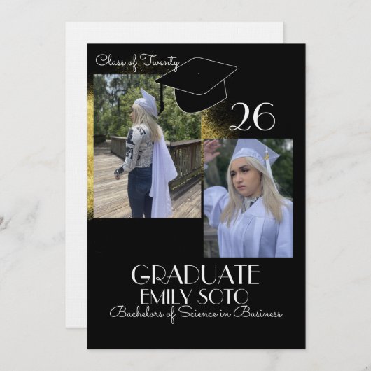 2026 Graduation Collage Script Gold Black 招待状 (正面/裏面)
