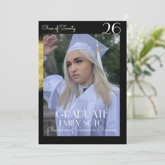 2026 Graduation Collage Script Gold Photo 招待状 (スタンド正面)