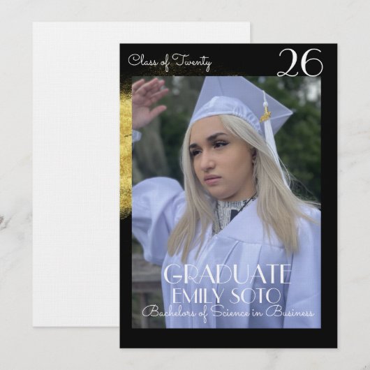2026 Graduation Collage Script Gold Photo 招待状 (正面/裏面)