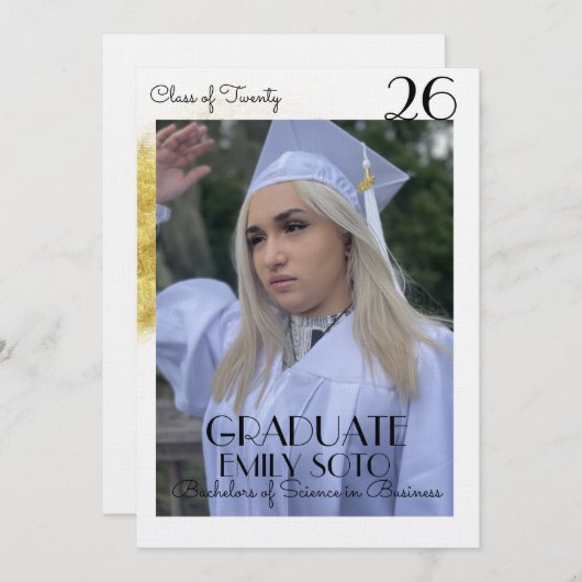 2026 Graduation Collage Script Gold Photo 招待状 (正面/裏面)