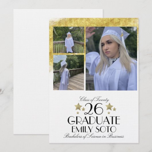 2026 Graduation Collage Script Stars Three Photo 招待状 (正面/裏面)
