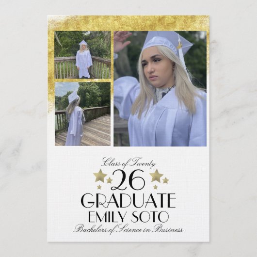 2026 Graduation Collage Script Stars Three Photo 招待状 (正面)
