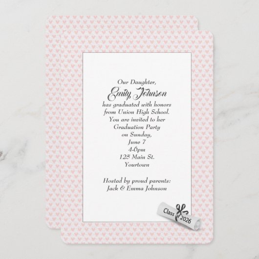 2026 Graduation Diploma on Pink Hearts 招待状 (正面/裏面)