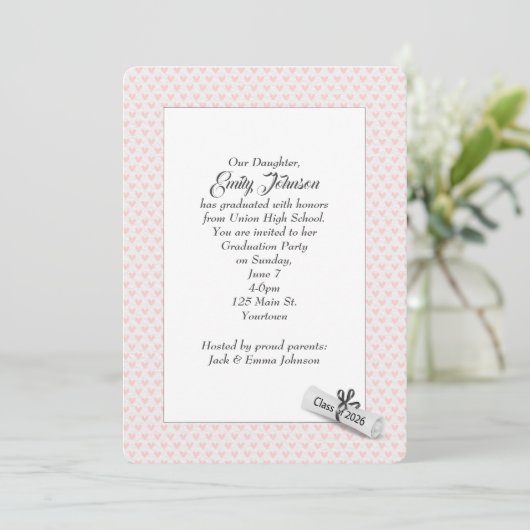 2026 Graduation Diploma on Pink Hearts   招待状 (スタンド正面)