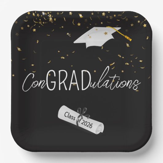 2026 Graduation Gold Confetti and Cap ペーパープレート (正面)