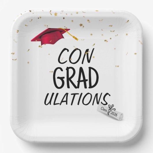 2026 Graduation Gold Confetti and Red Cap ペーパープレート (正面)