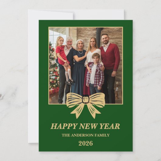2026 Green & Gold Bow Family New Year Photo シーズンカード (正面)