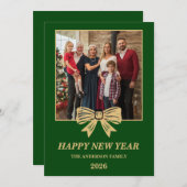 2026 Green & Gold Bow Family New Year Photo シーズンカード (正面/裏面)