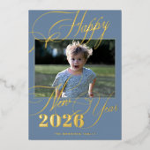 2026 Happy New Year金ゴールドスクリプトの青い写真 箔シーズンカード (正面)