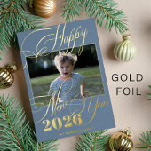 2026 Happy New Year金ゴールドスクリプトの青い写真 箔シーズンカード