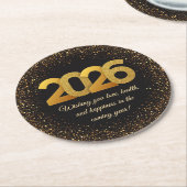 2026 happy new year, black gold glitters stylish ラウンドペーパーコースター (アングル)