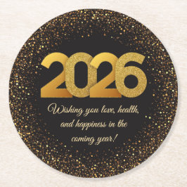 2026 happy new year, black gold glitters stylish ラウンドペーパーコースター
