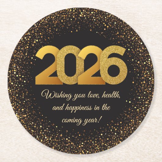 2026 happy new year, black gold glitters stylish ラウンドペーパーコースター (正面)