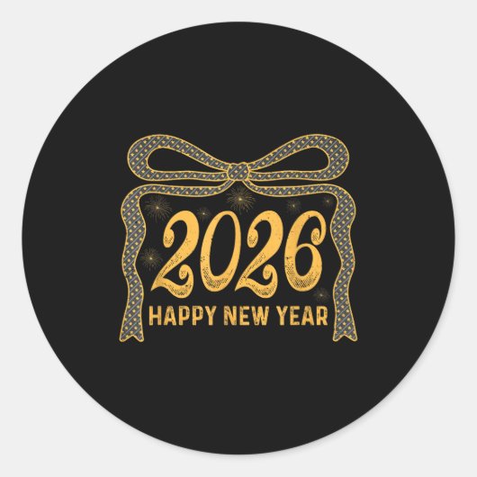 2026 Happy New Year Bow Fireworks Celebration Desi ラウンドシール (正面)