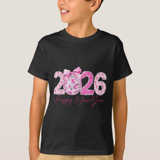 2026 Happy New Year Bow Patch Disco Ball  Tシャツ (正面)