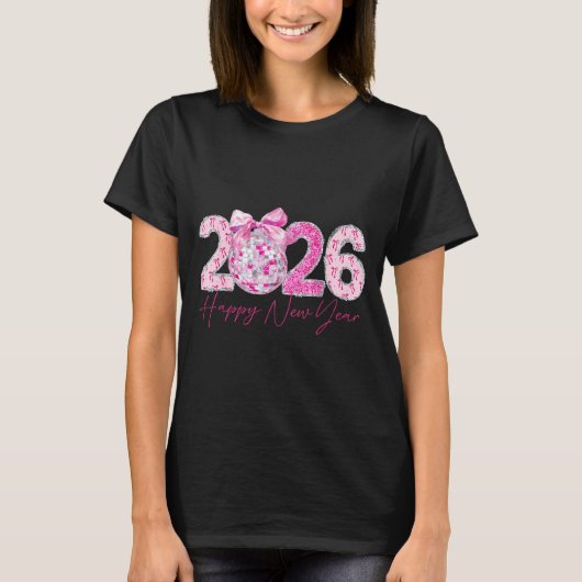 2026 Happy New Year Bow Patch Disco Ball  Tシャツ (正面)