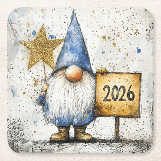 2026, Happy New Year, gnome, スクエアペーパーコースター (正面)