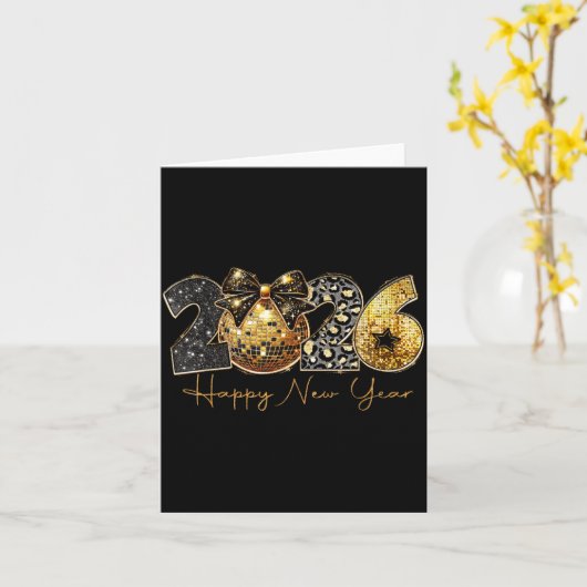 2026 Happy New Year Gold Disco Leopard Bow Coquett カード (黄色い花)