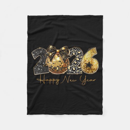 2026 Happy New Year Gold Disco Leopard Bow Coquett フリースブランケット (正面)