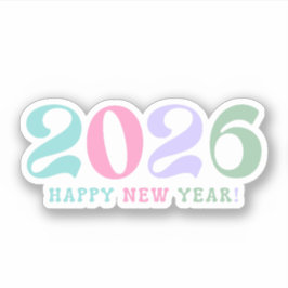 2026 happy new year, retro script pastel colorful シール