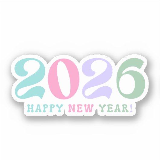2026 happy new year, retro script pastel colorful シール (正面)