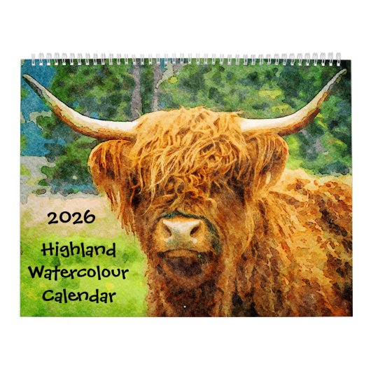 2026 Highland Cow Cattle Cute Watercolor Paintings カレンダー (カバー)