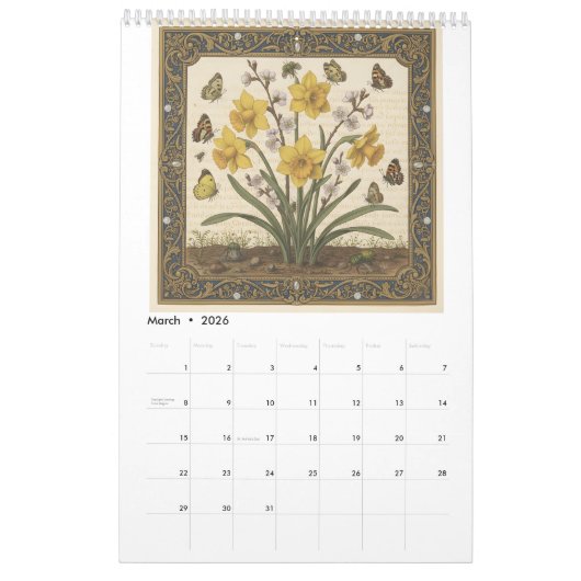 2026 Hoefnagel-Inspired Botanical カレンダー (3月 2026)