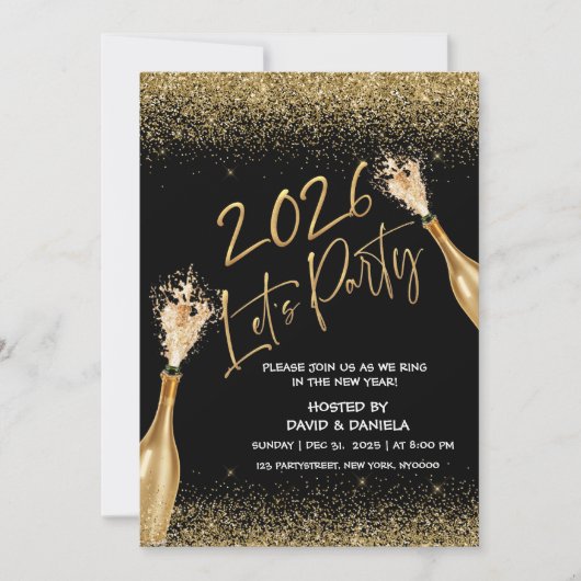 2026 Lets Party Black Gold New Year Invitation 招待状 (正面)