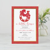 2026 Little Horse Floral Horseshoe Red Baby Shower 招待状 (スタンド正面)